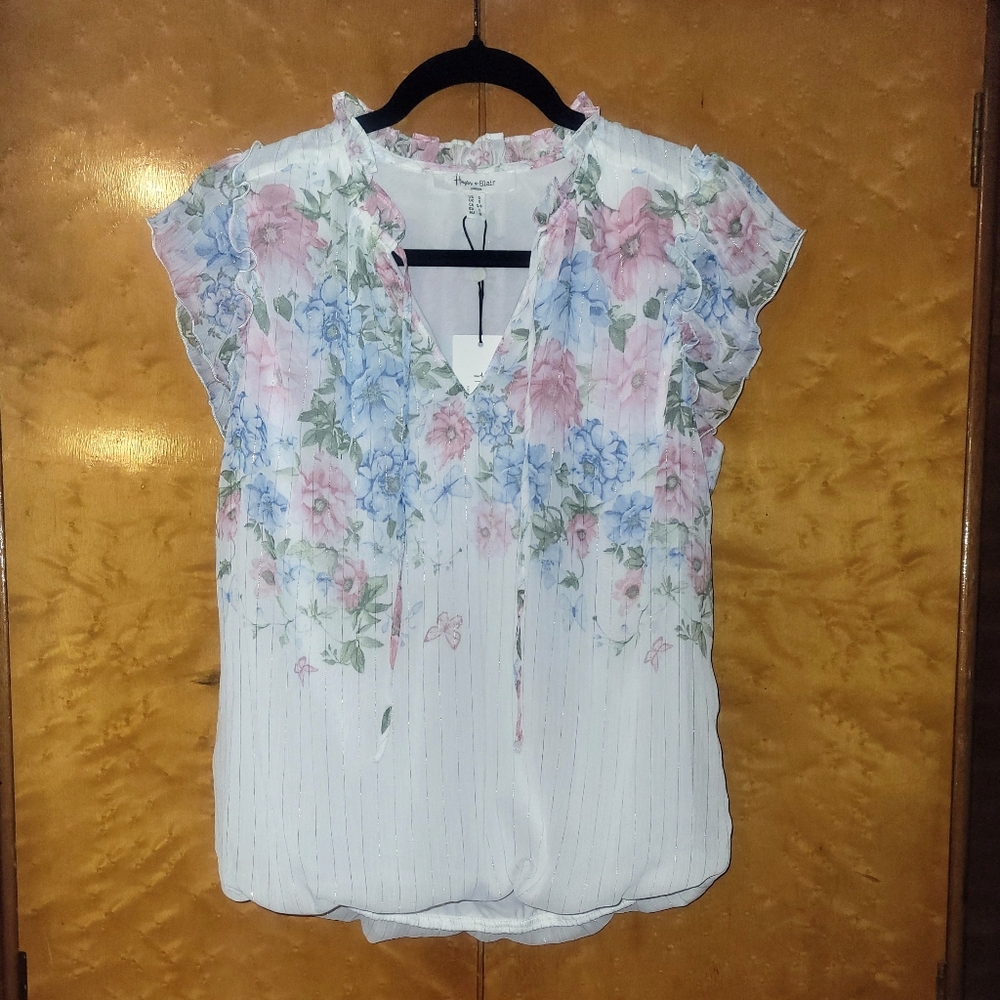 NWT Haver & Blair Floral Blouse - White with Pink and Blue